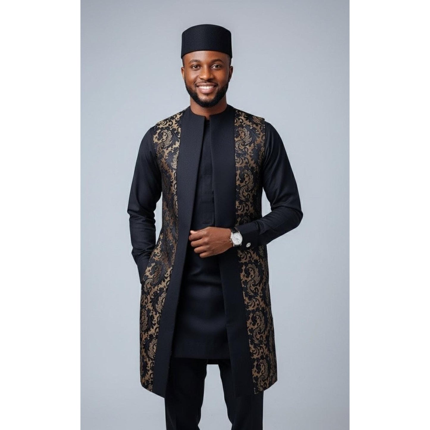 Kavari Royale Men’s 3-Piece African Kaftan Suit | Handmade Top, Vest & Pant Traditional Set
