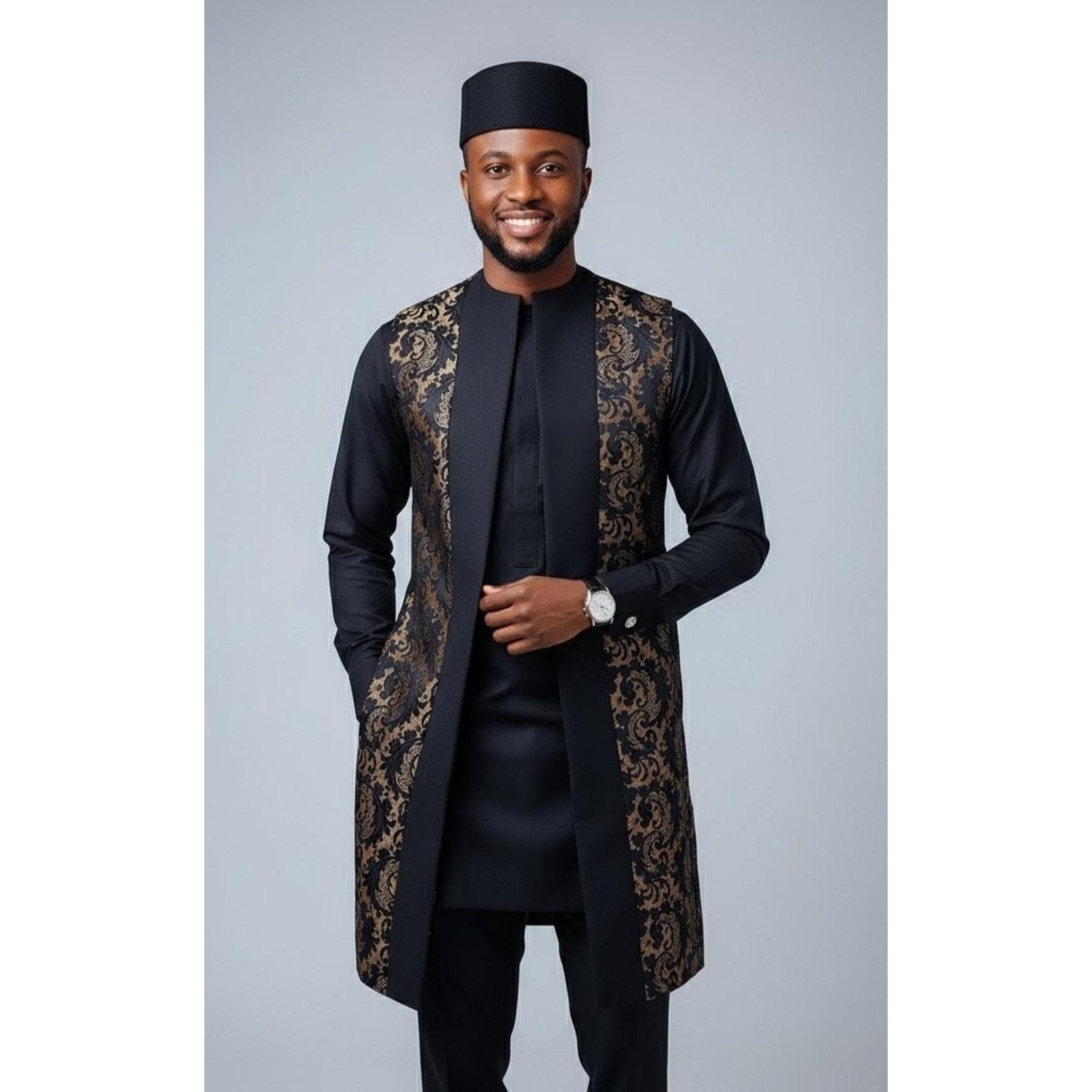 Kavari Royale Men’s 3-Piece African Kaftan Suit | Handmade Top, Vest & Pant Traditional Set