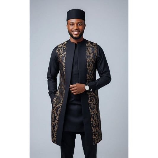 Kavari Royale Men’s 3-Piece African Kaftan Suit | Handmade Top, Vest & Pant Traditional Set