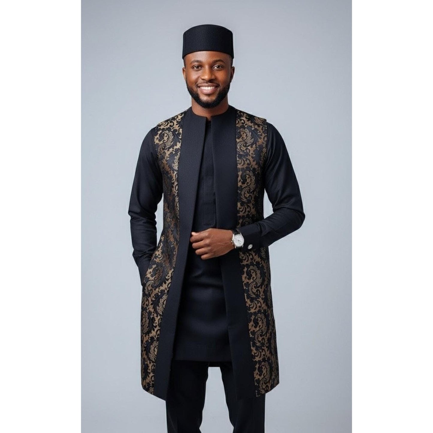 Kavari Royale Men’s 3-Piece African Kaftan Suit | Handmade Top, Vest & Pant Traditional Set