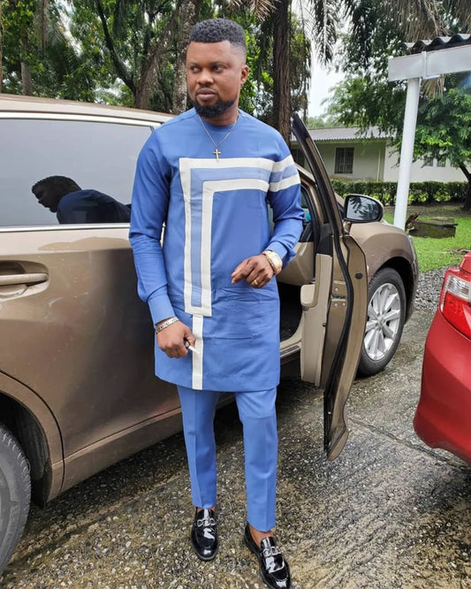 Kavari Royale Blue African Tailored Suit | Dashiki Kaftan Set