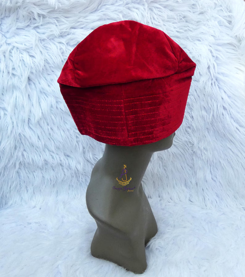 Kavari Royale Velvet Fila Cap for Men – Nigerian Yoruba Igbo Edo Traditional Hat (Black, Red & Maroon) Party Wear