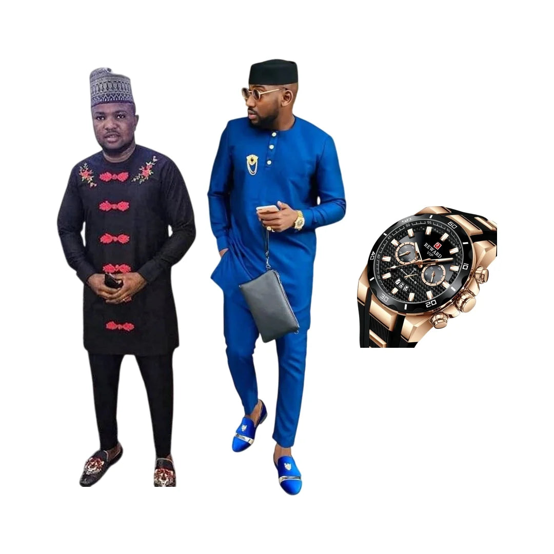 Kavari Royale Wedding Groom Luxury Bundle – Agbada & Senator Suit + FREE Chronograph Watch